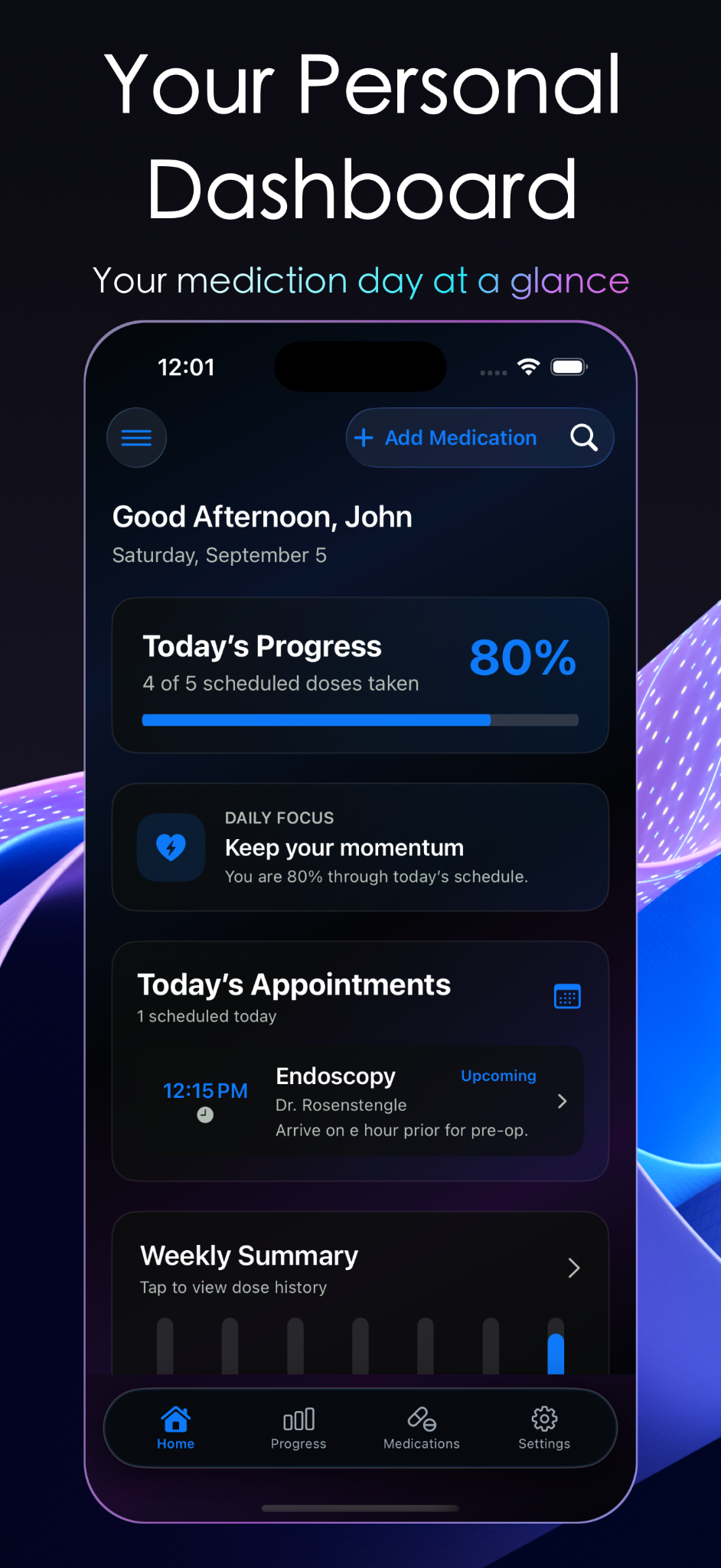 MedTrak personal dashboard showing today's medication progress and appointments