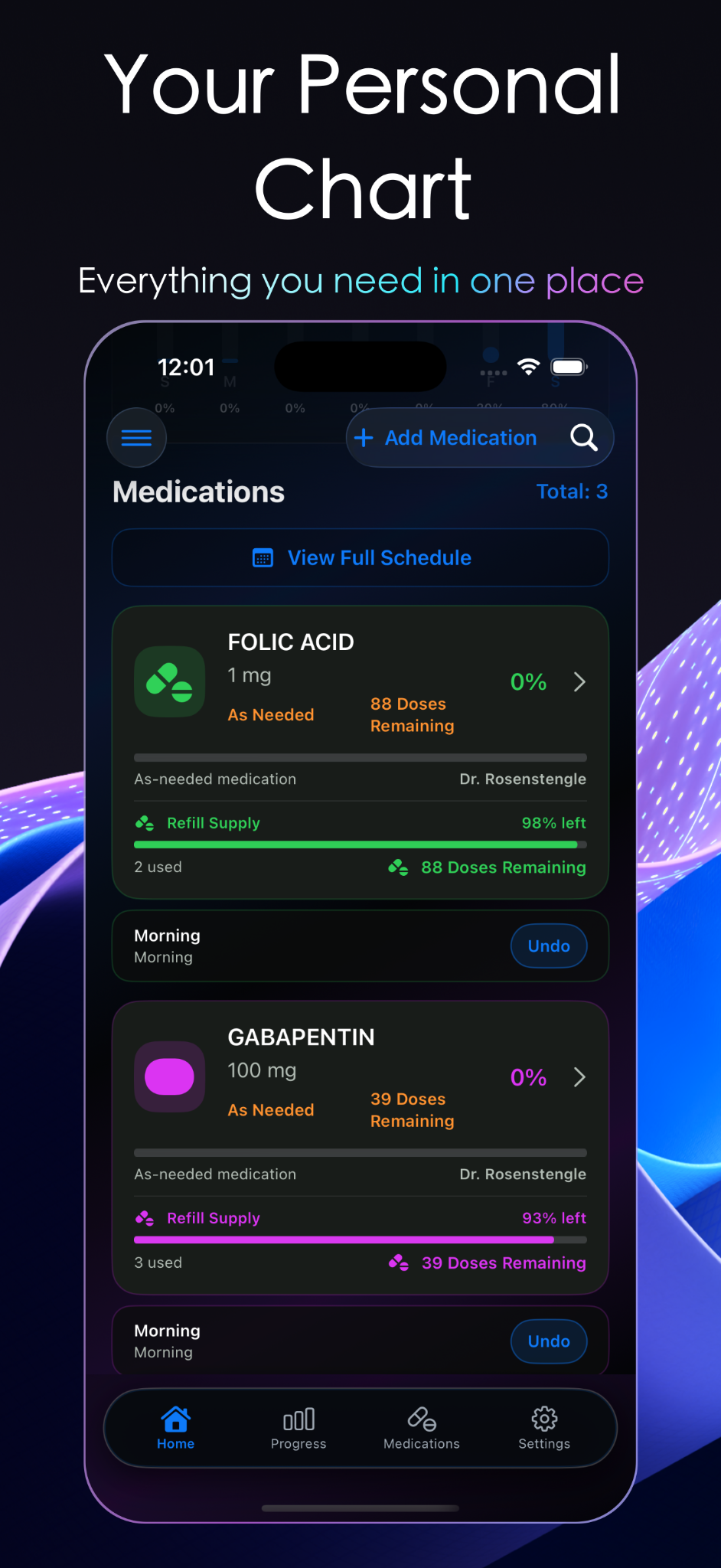 MedTrak personal chart showing medications, refill supply and dose actions