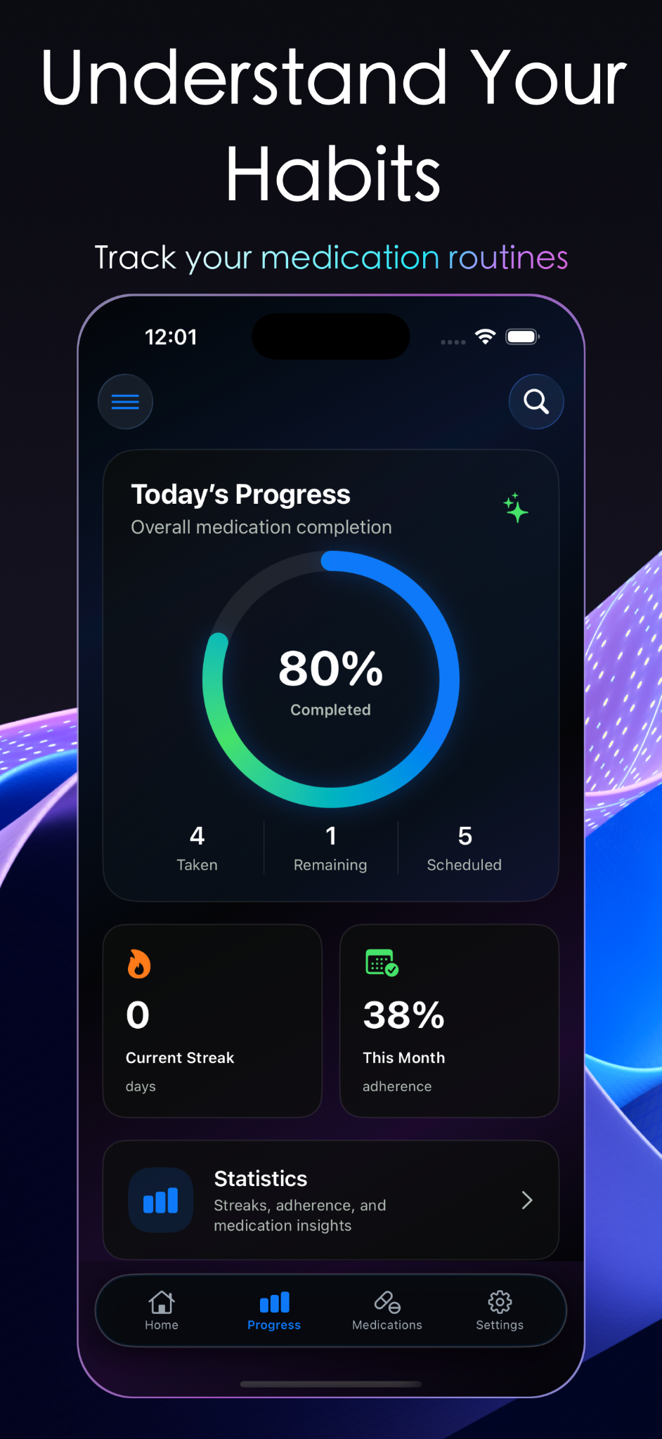 MedTrak progress dashboard with medication adherence statistics