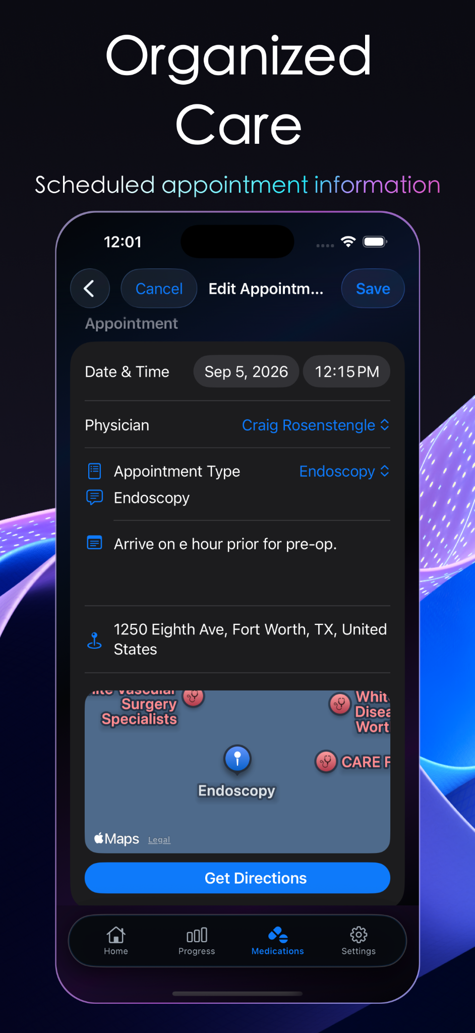 MedTrak appointment details with physician, map and directions